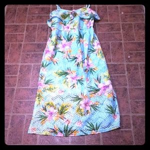 blue dress with Hawaiian flowers